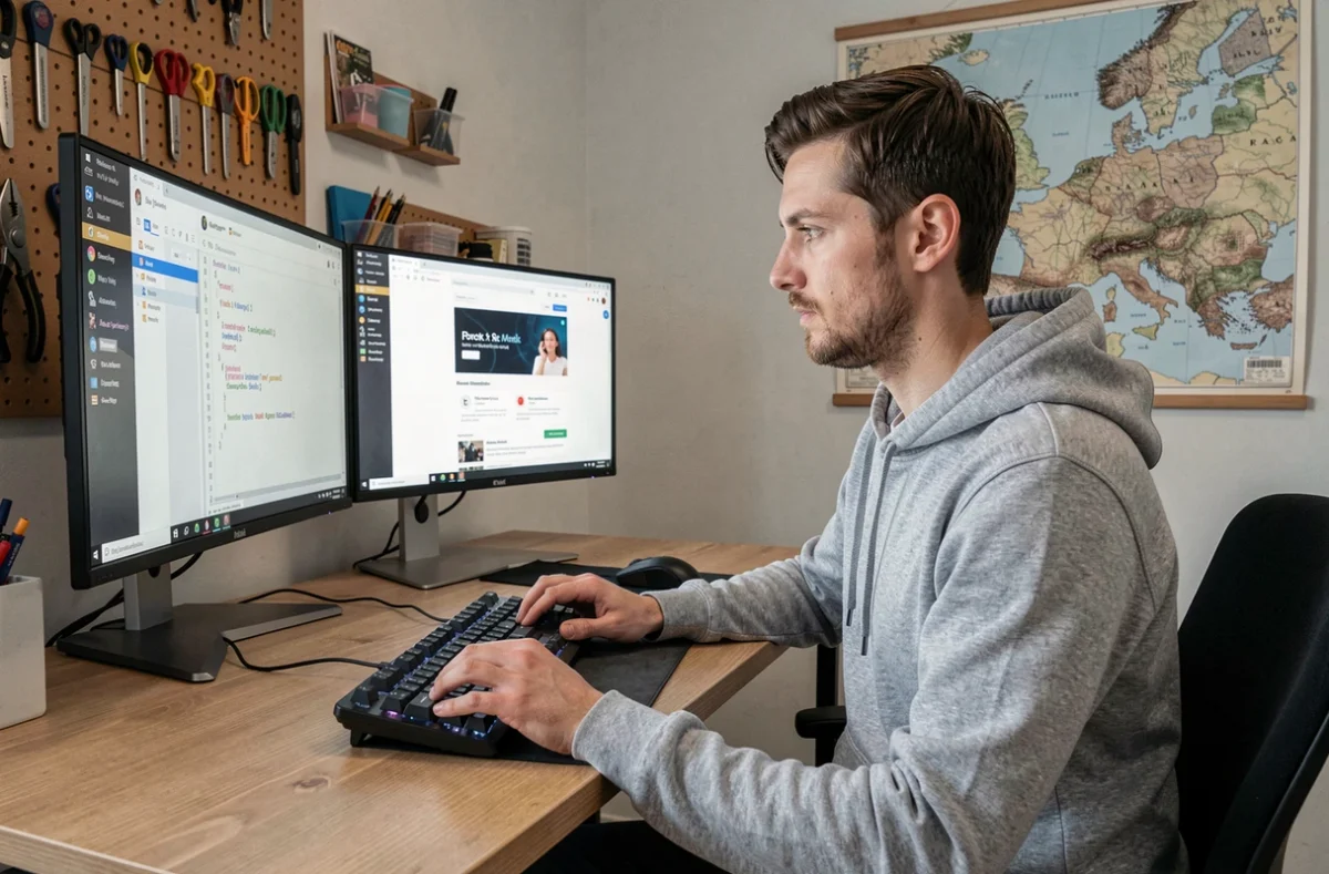 Développeur de l'agence Hagnere Code écrivant du code PHP dans un bureau boutique organisé avec carte alpine au mur