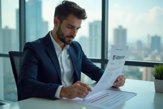 Jeune homme d'affaires en costume bleu examine un rapport sécurité