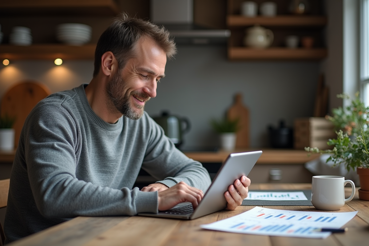 Homme souriant analysant des données sur une tablette à la maison