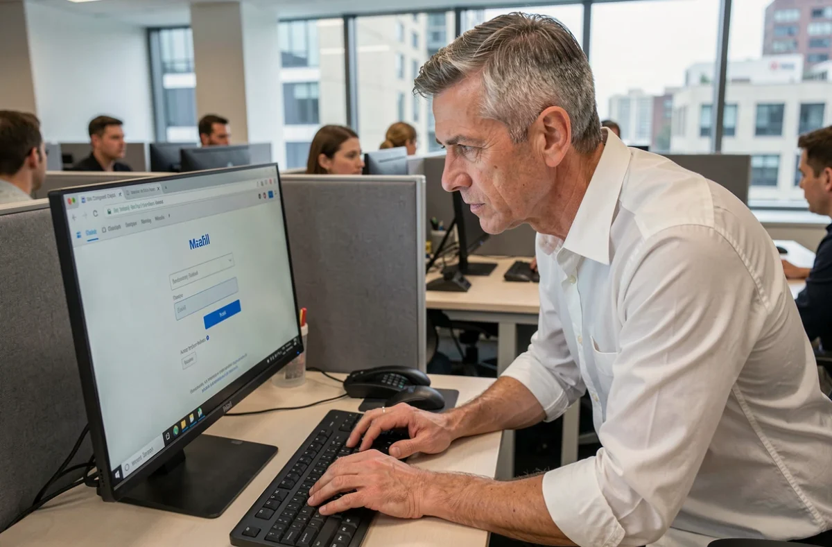 Homme au bureau professionnel vérifiant la connexion à son webmail Convergence Limoges sur ordinateur de bureau