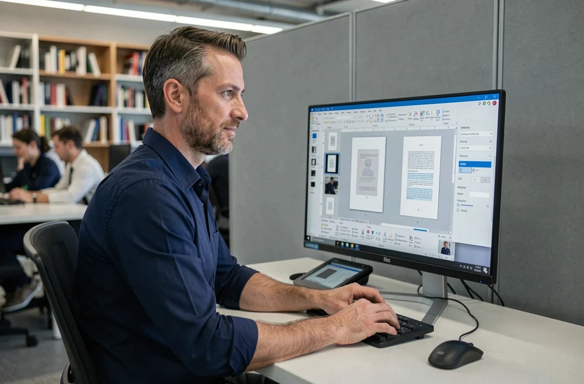 Homme professionnel en bureau open space modifiant un document PDF sur un grand écran d'ordinateur