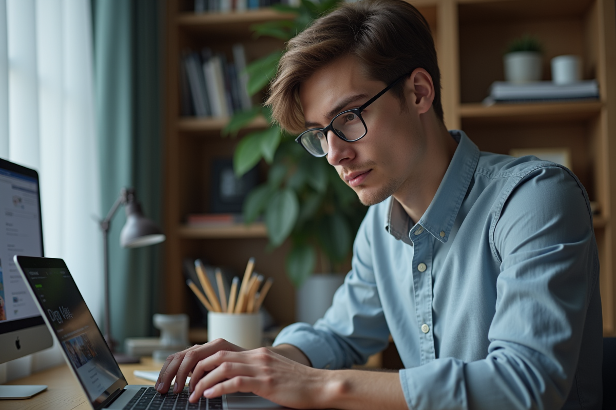 Jeune homme concentré travaillant sur son ordinateur dans un bureau