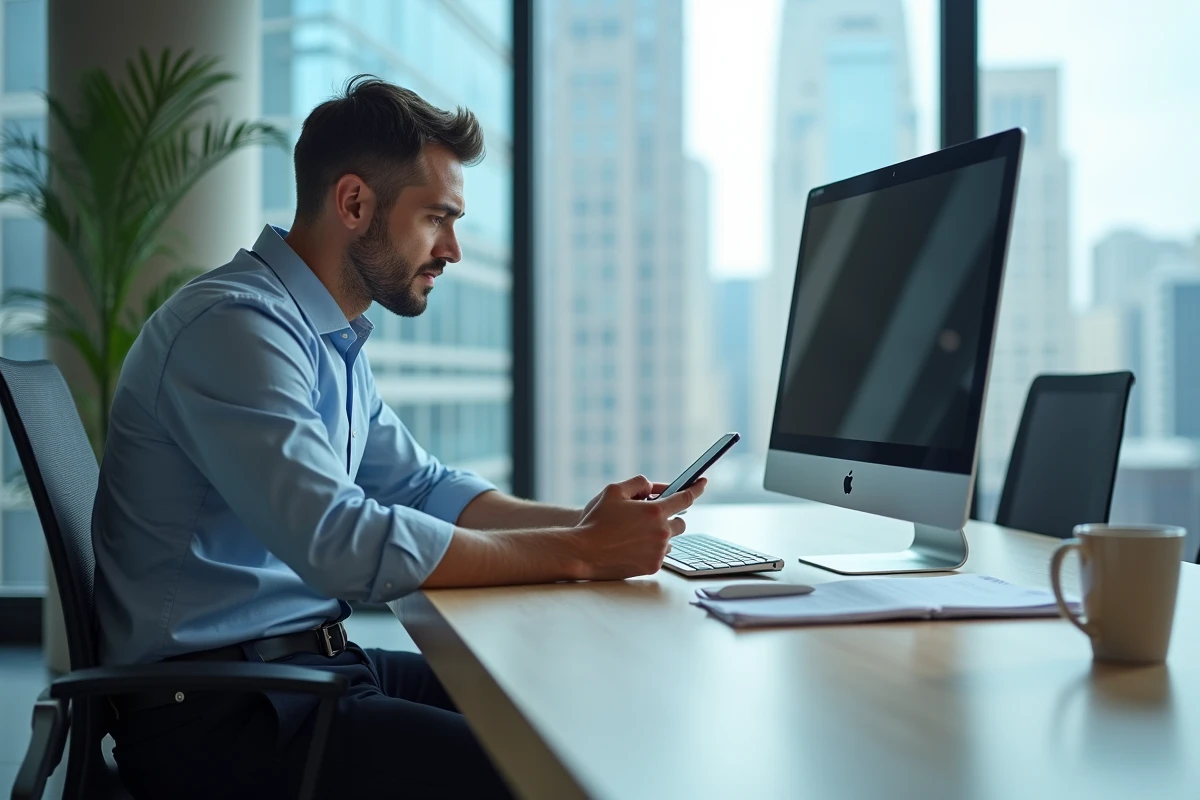 Homme en réunion multitâches dans un espace de travail moderne