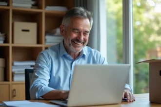 Homme d'âge moyen souriant vérifiant son ordinateur dans un bureau