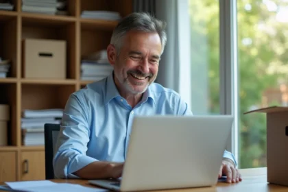 Homme d'âge moyen souriant vérifiant son ordinateur dans un bureau