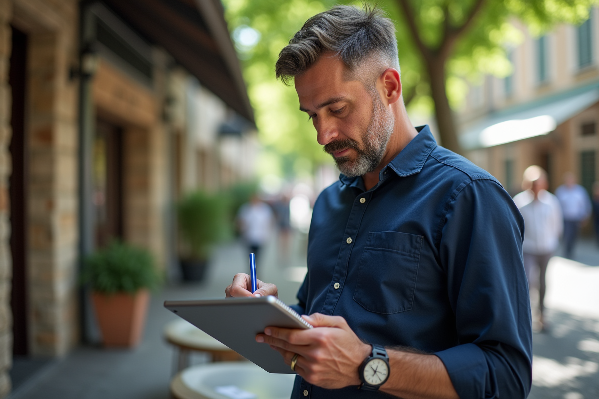 Homme prenant des notes avec son tablette en terrasse de café