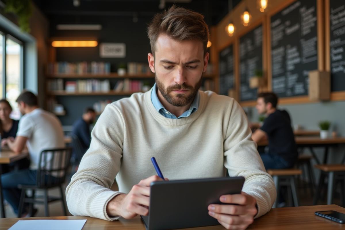 Jeune homme français travaillant sur une tablette dans un café