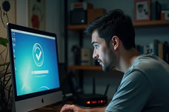 Homme frustré devant un écran affichant DNS OK pendant que le navigateur charge encore, dans un bureau à domicile encombré
