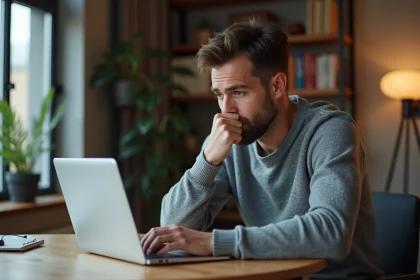 Homme hésitant devant un abonnement ChatGPT sur son ordinateur portable dans un bureau à domicile