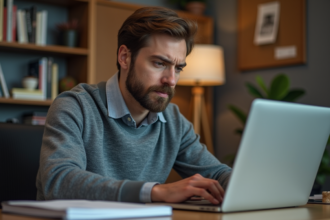 Homme concentré travaillant sur un ordinateur portable dans un bureau moderne
