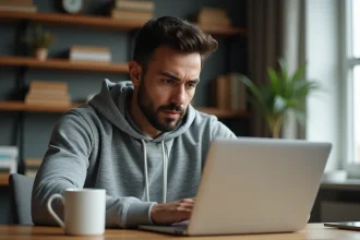Homme lisant les conditions d'abonnement d'un site web sur son ordinateur portable dans un bureau à domicile