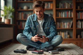 Jeune homme avec téléphones vintage dans un cadre rétro
