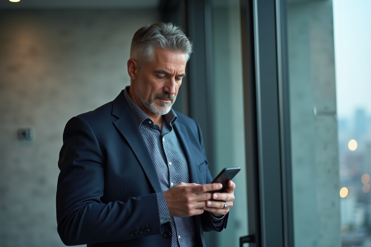 Homme d age moyen vérifiant ses notifications de securite au bureau