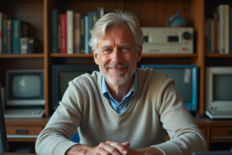 Homme d'âge moyen dans un bureau vintage avec ordinateur et livres