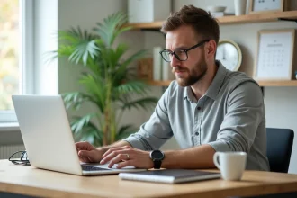 Homme concentré synchronisant ses appareils dans un bureau lumineux