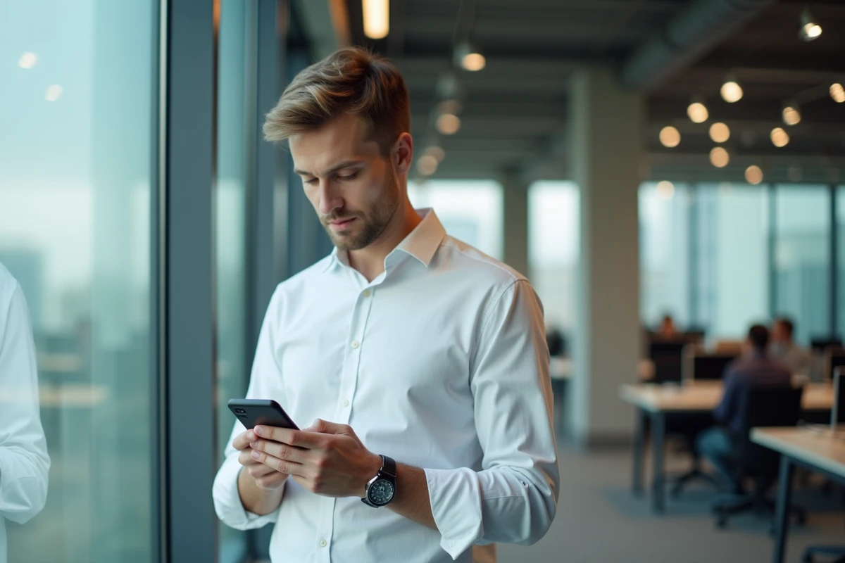 Homme utilisant WhatsApp pour planifier l'envoi automatique d'un message depuis un bureau professionnel