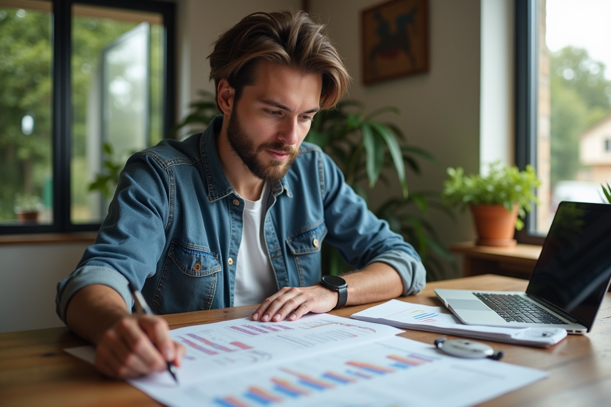 Homme en tenue décontractée examinant un rapport SEO sur une table en bois