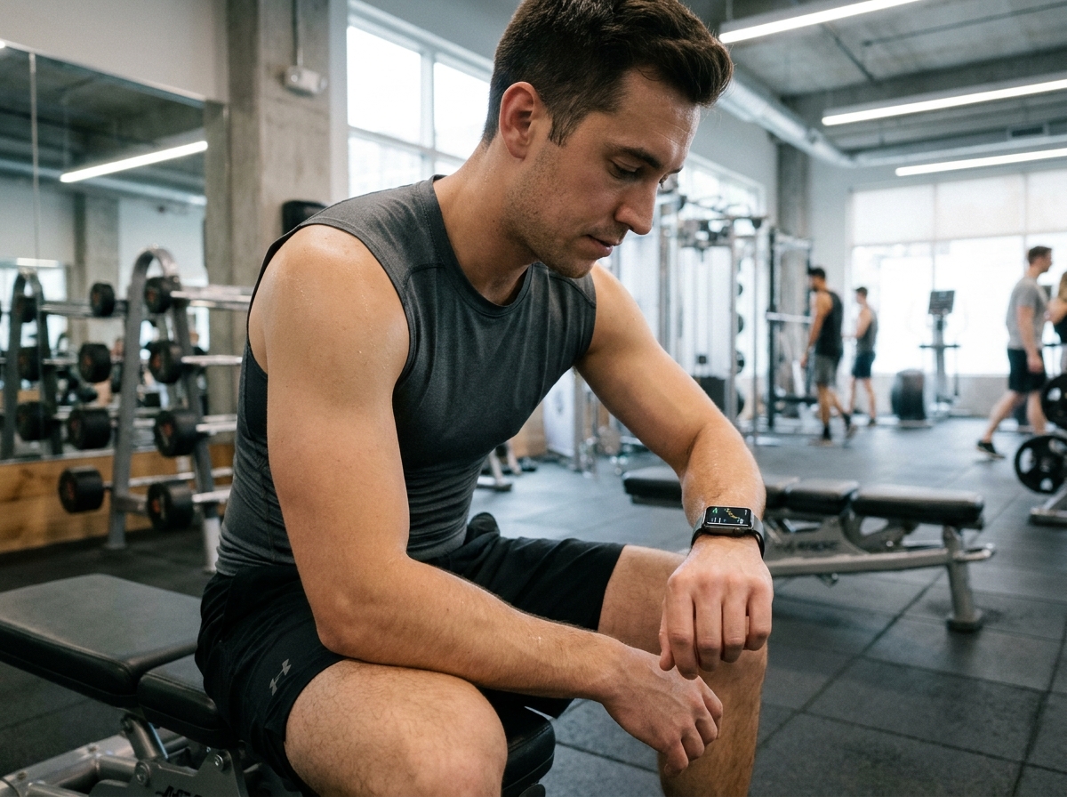Homme consultant les statistiques de son entraînement sur une montre connectée dans une salle de sport