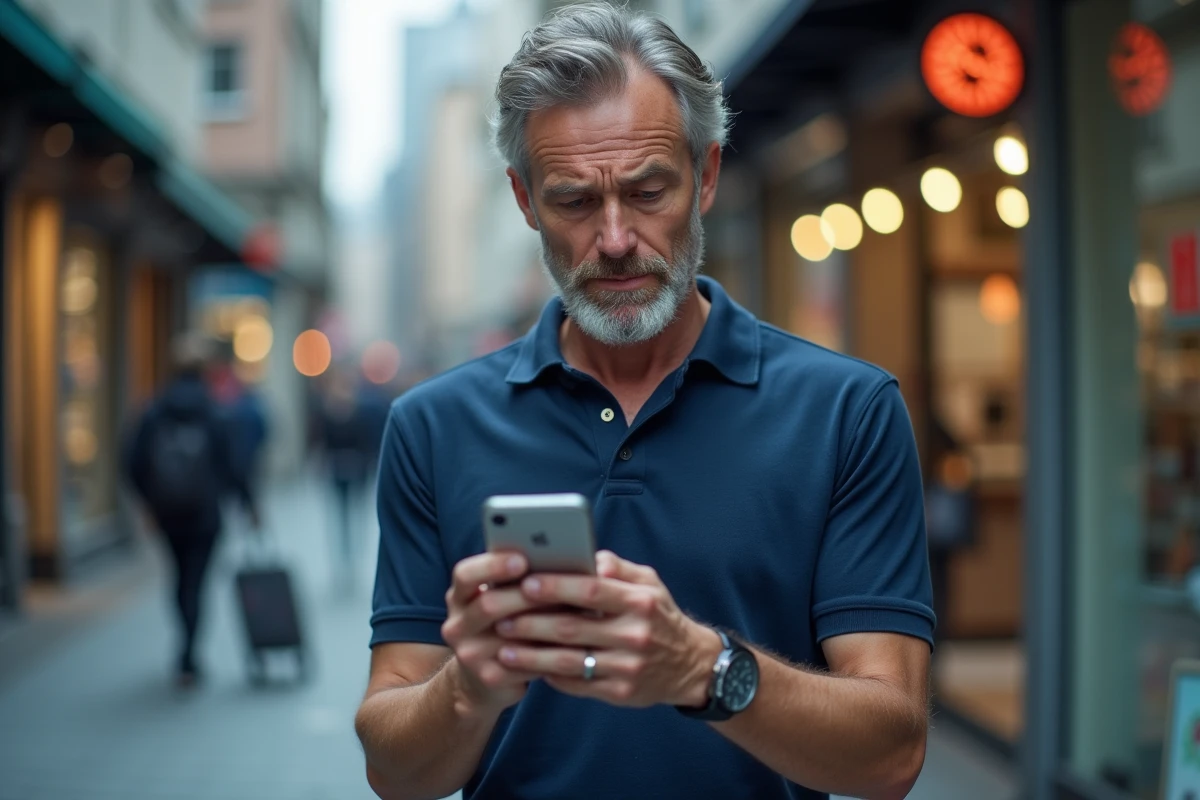 Homme inquiet consultant un site e-commerce suspect sur son smartphone en ville