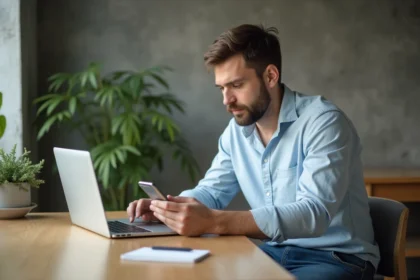 Homme en tenue décontractée examine son smartphone dans un appartement moderne