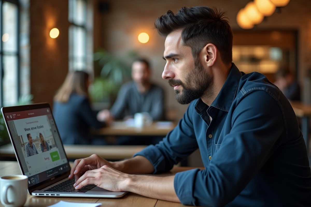 Homme ajoutant des sous-titres en français à une vidéo depuis un café urbain