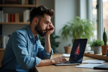 Jeune homme regardant une alerte de securite sur son ordinateur