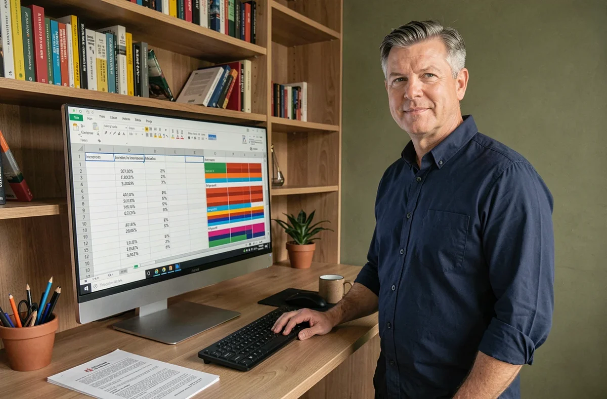 Homme travaillant debout devant un grand écran Excel affichant des formules de calcul d'augmentation en pourcentage dans un bureau à domicile