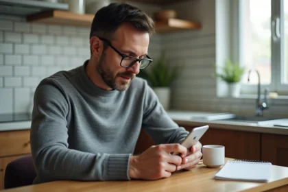 Homme d'âge moyen utilisant un téléphone dans une cuisine moderne