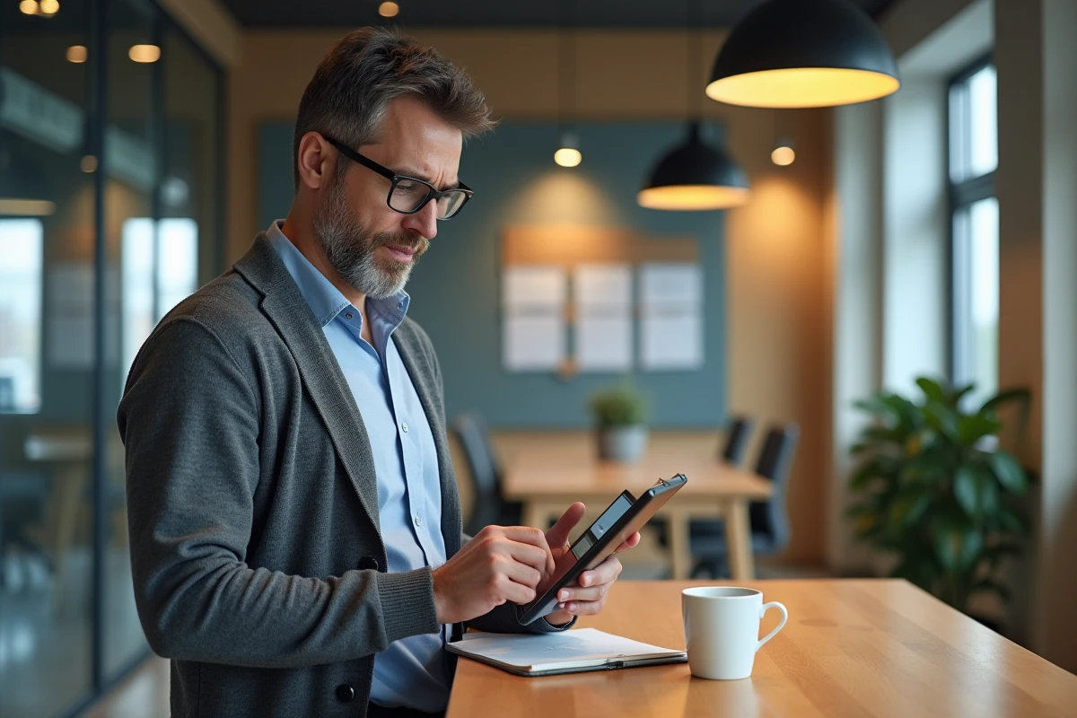 Homme triant ses emails dans un espace de coworking moderne