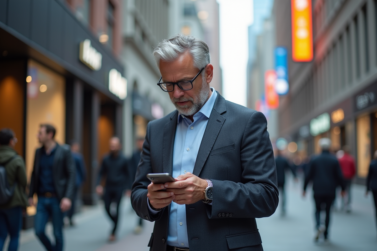 Homme d affaires utilisant un assistant vocal en ville