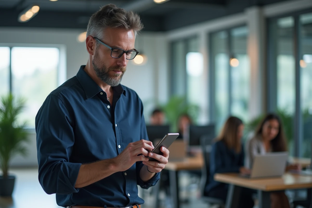 Homme en bureau moderne consultant une webapp sur son téléphone mobile