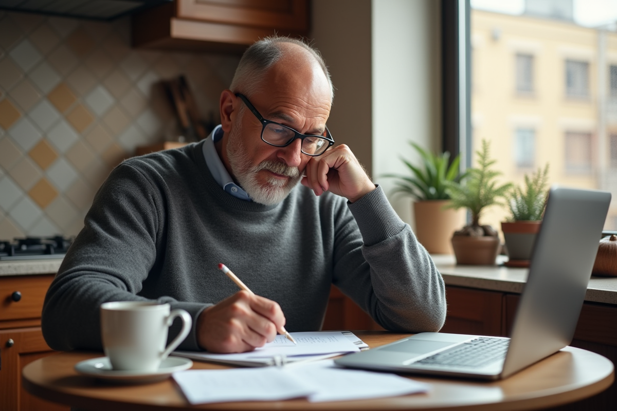 Homme réfléchissant à la cuisine avec papiers et ordinateur
