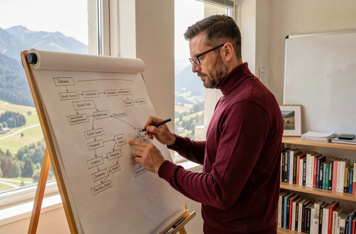 Directeur créatif de l'agence Horizeo esquissant une architecture de navigation web dans un studio lumineux