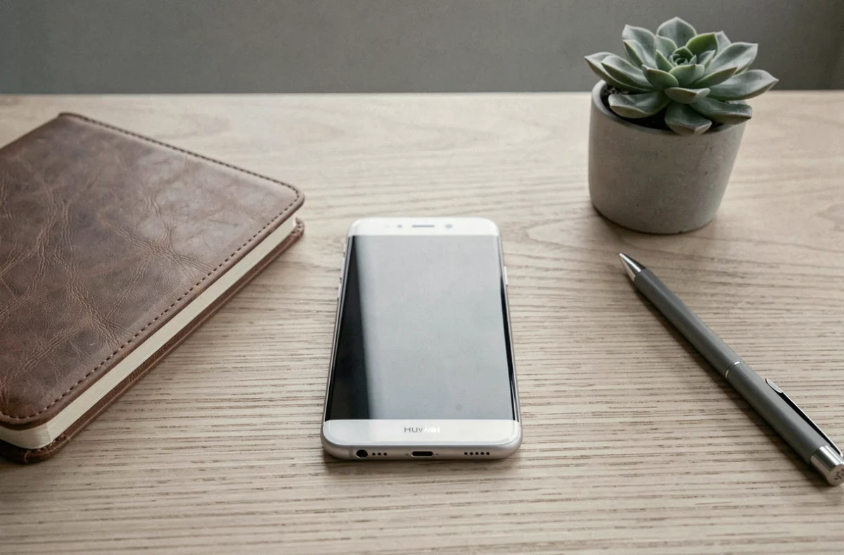 Huawei P10 Lite posé sur un bureau avec des accessoires professionnels dans un contexte de télétravail