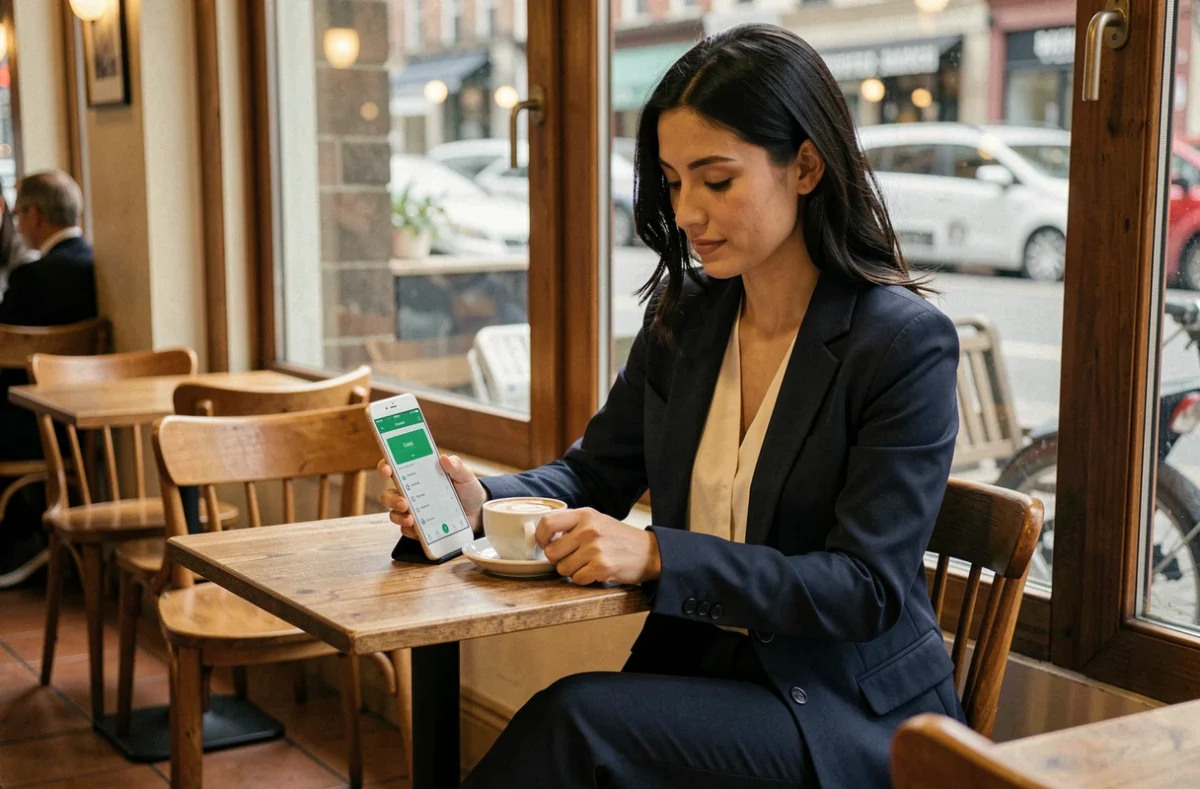 Femme professionnelle utilisant un Huawei P10 Lite dans un café pour travailler en mobilité