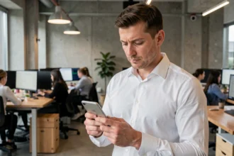 Professionnel utilisant un Huawei P10 Lite dans un bureau moderne pour gérer ses emails