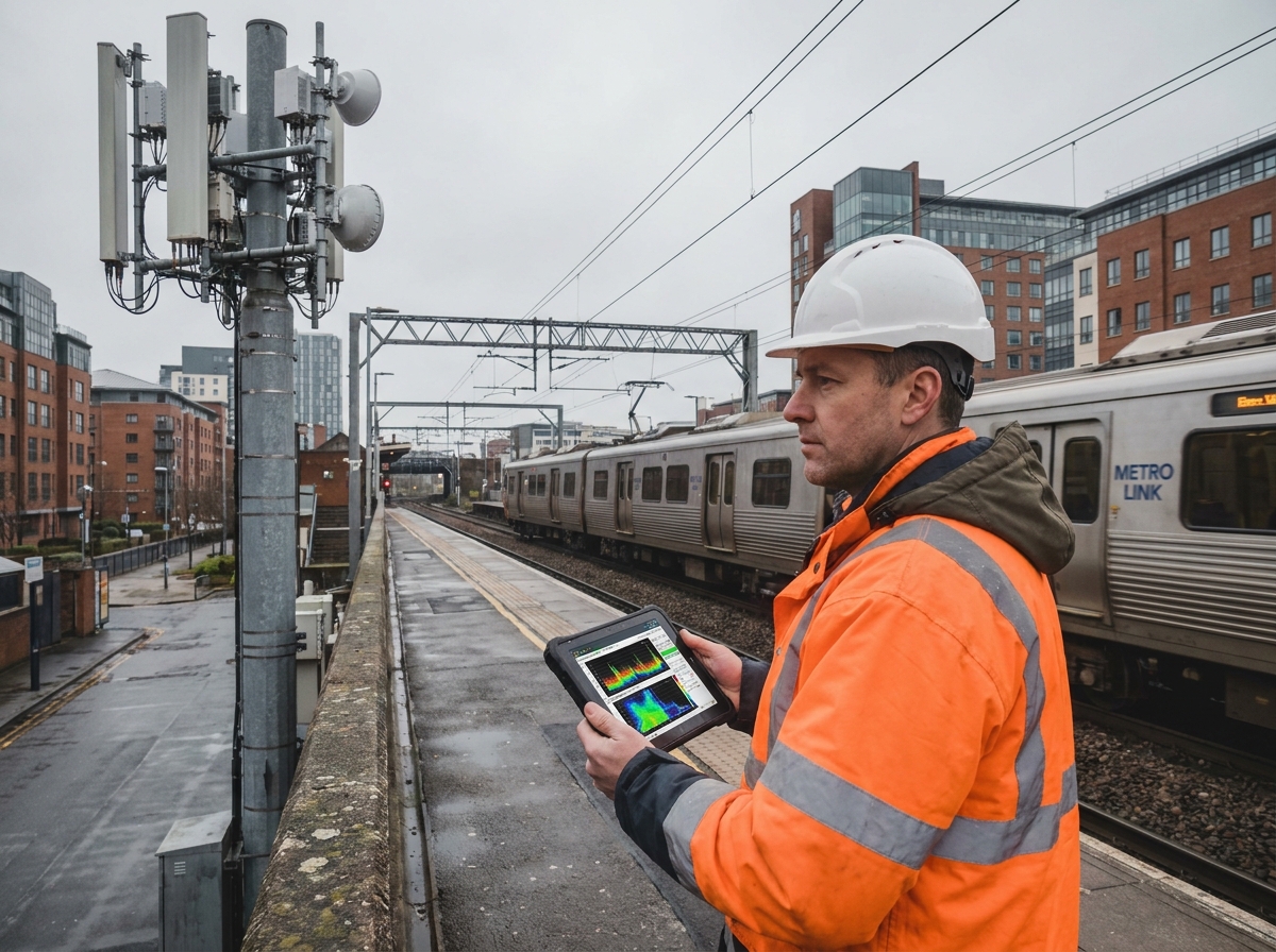Ingénieur télécom inspectant une antenne 5G sur un quai de gare ferroviaire urbaine