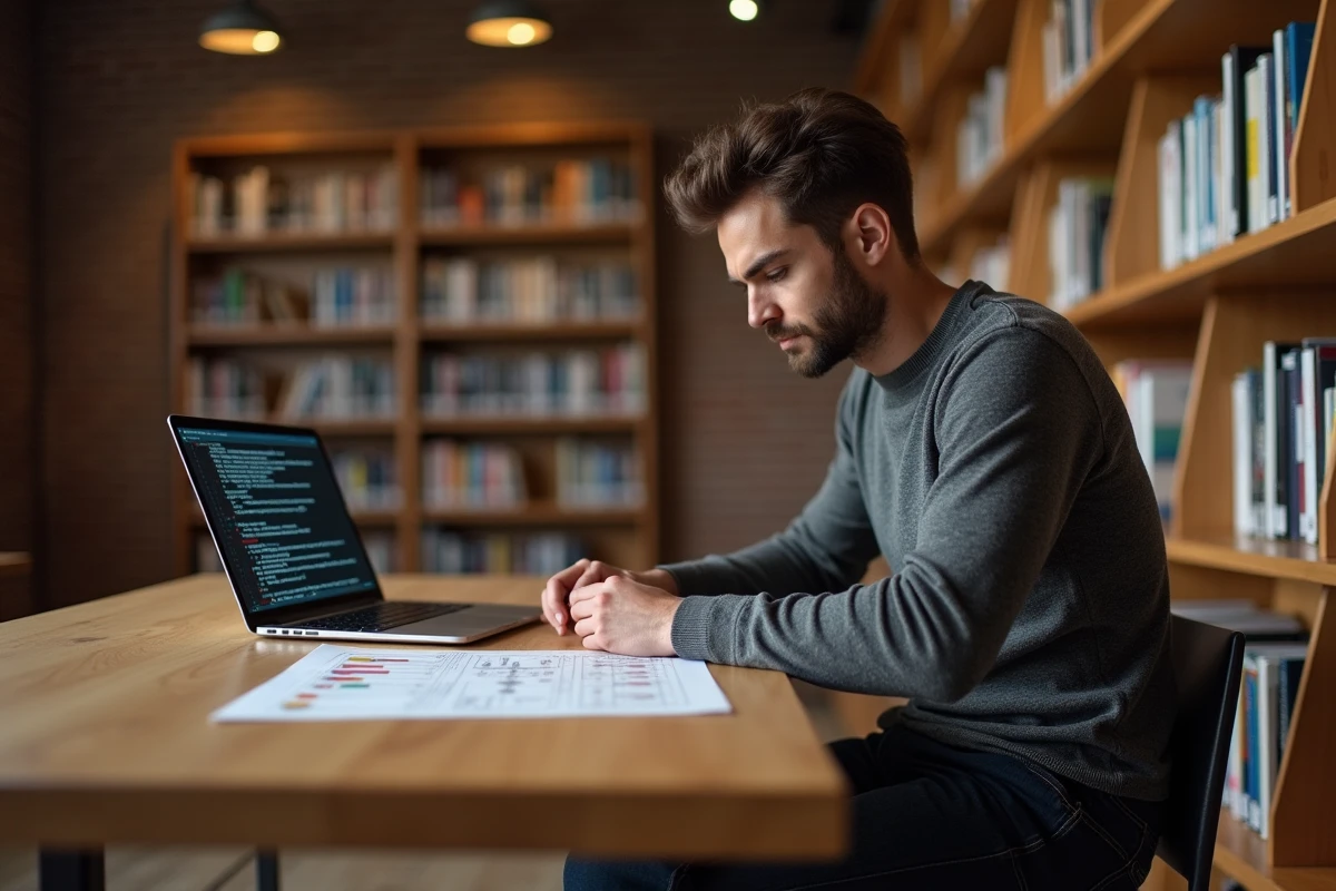 Ingénieur étudiant seul une comparaison de projets d'informatique quantique dans une bibliothèque universitaire