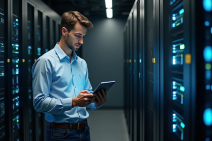 Jeune homme étudiant le modèle OSI avec tablette en bureau moderne