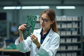 Ingénieure examinant une carte de circuit imprimé avec composants de montage en surface dans un atelier d'assemblage électronique professionnel