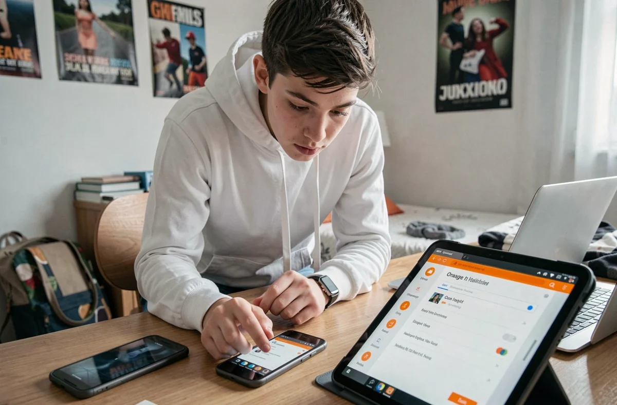 Adolescent consultant son smartphone et sa tablette pour configurer Orange en page d'accueil de son navigateur