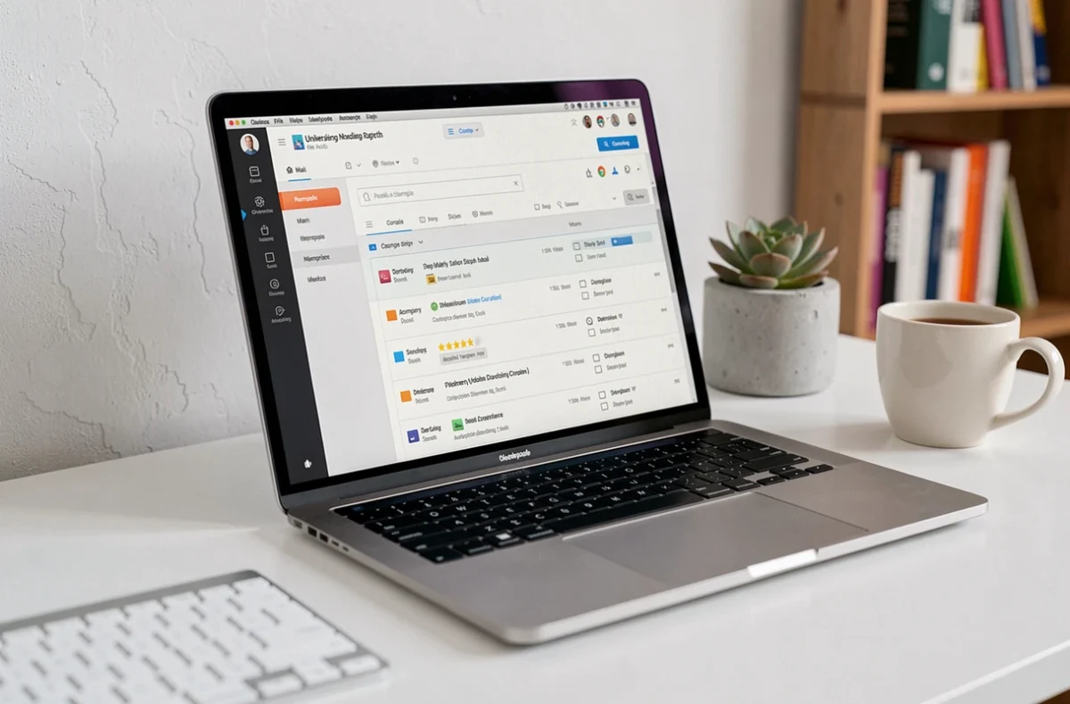 Écran d'ordinateur portable affichant une interface de messagerie webmail universitaire sur un bureau minimaliste à domicile