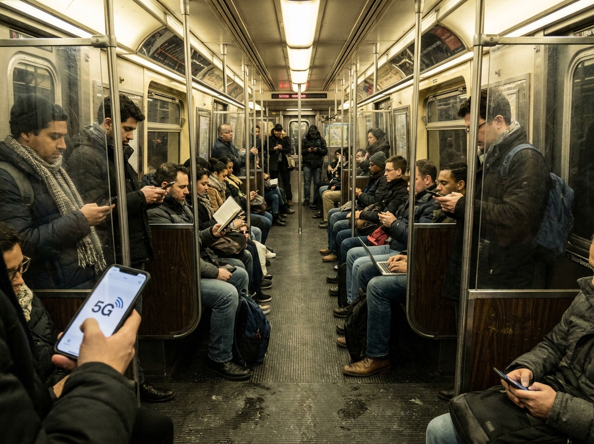 Intérieur d'un wagon de métro bondé avec des passagers connectés en 5G sur leurs appareils mobiles