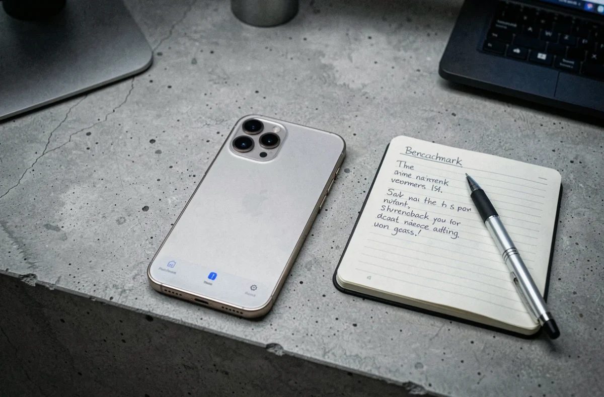 iPhone 15 posé sur béton brut avec carnet de notes manuscrit, détail design et test technique smartphone