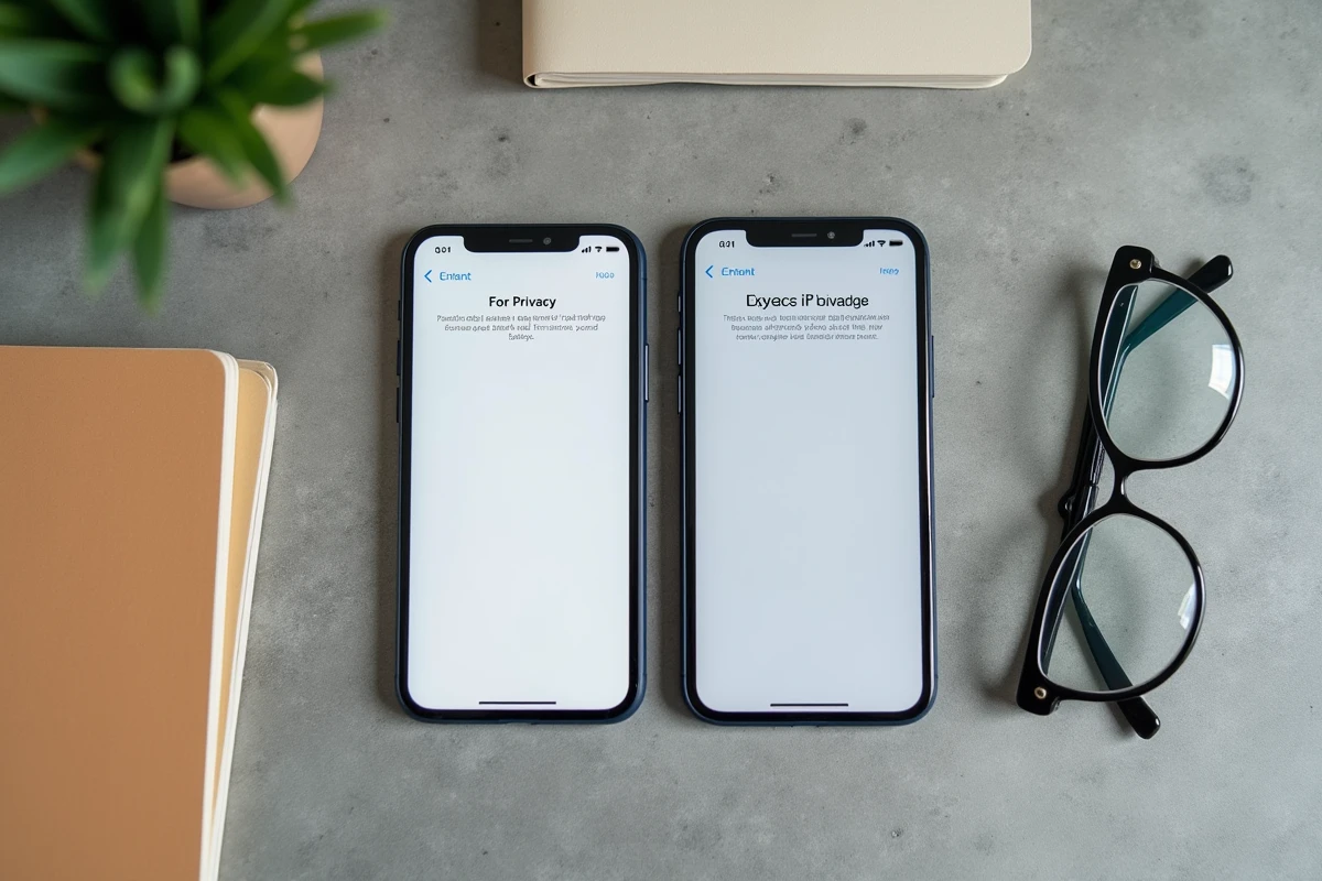 Deux iPhone 16 affichant les paramètres de confidentialité et le suivi des applications posés sur une surface en béton