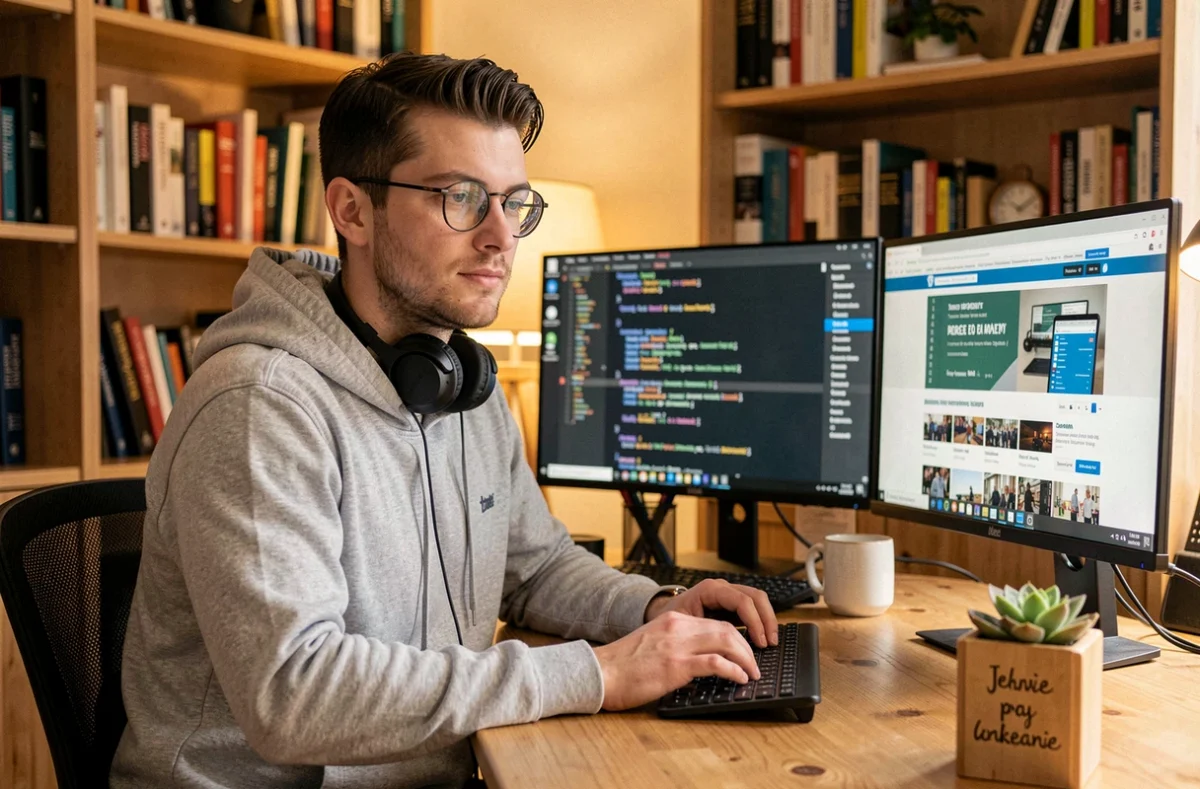 Développeur freelance Jeremy Billey travaillant sur un projet WordPress dans son studio home-office bien équipé