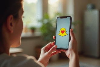 Jeune personne tenant un smartphone affichant Snapchat avec un emoji cœur jaune