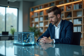 Jeune ingénieur en costume devant un ordinateur quantique