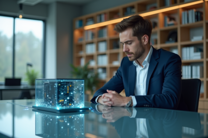 Jeune ingénieur en costume devant un ordinateur quantique
