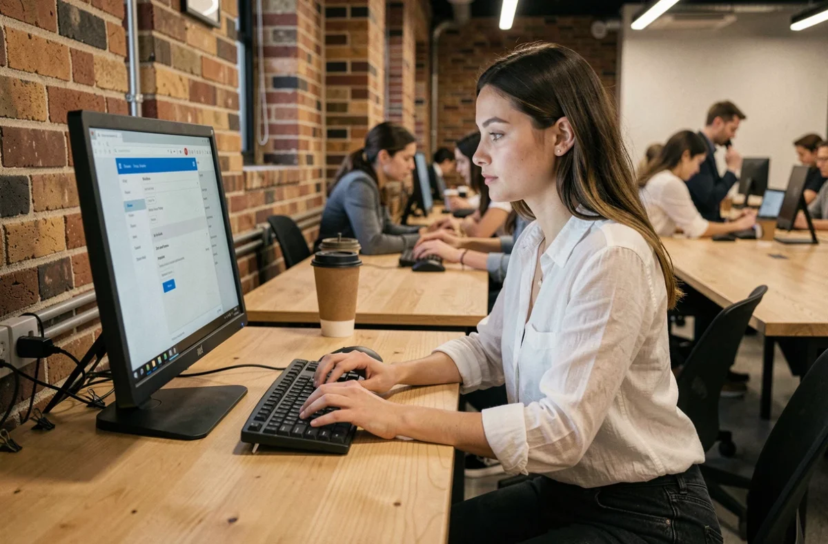 Jeune femme configurant l'accès à sa messagerie Wibox sur un ordinateur de bureau dans un espace de coworking
